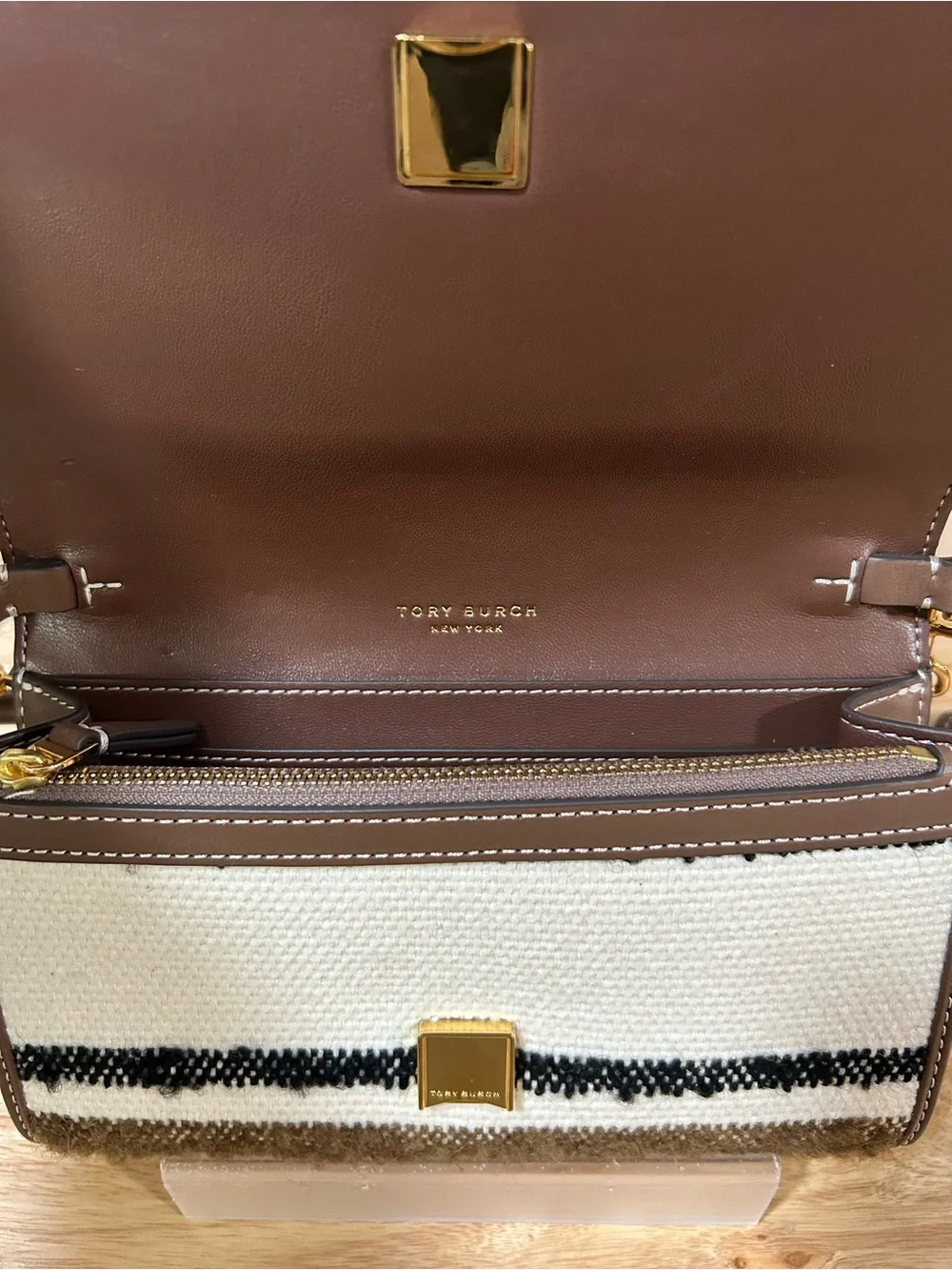 Tory Burch Cream, Brown & Black Striped Crossbody Bag